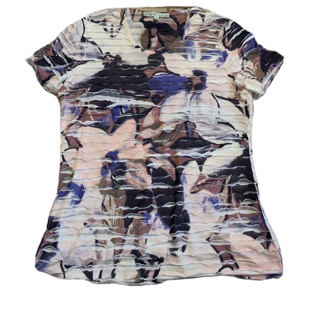 💜 Cleo Petites S/P Ruched Abstract Floral Print Short Sleeve Top